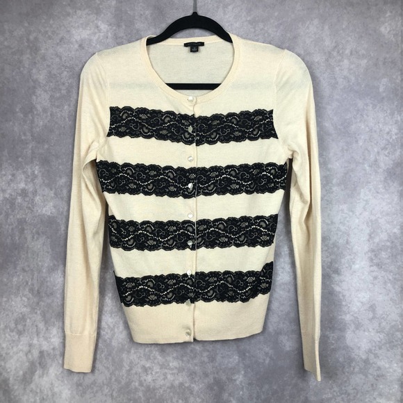 Ann Taylor Sweaters - Ann Taylor Cardigan Medium  Pink Black Balletcore Barbie Button Up‎ Lace Detail